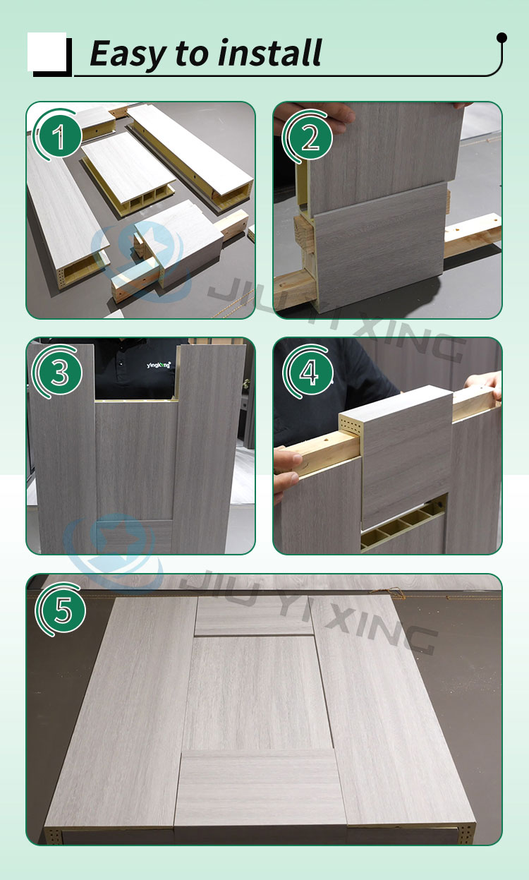 Jiuyixing WPC puerta interior del dormitorio impermeable protecci&oacute;n del medio ambiente cero formaldeh&iacute;do puerta de montaje de WPC hecha en China 